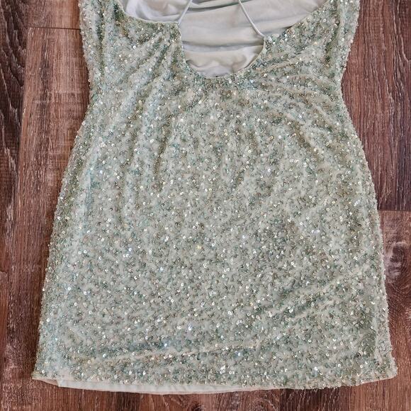 Retrofete Mich Sequin Mini Dress in Mint Aqua Green Small Beaded Sleeveless Cowl - Picture 8 of 12